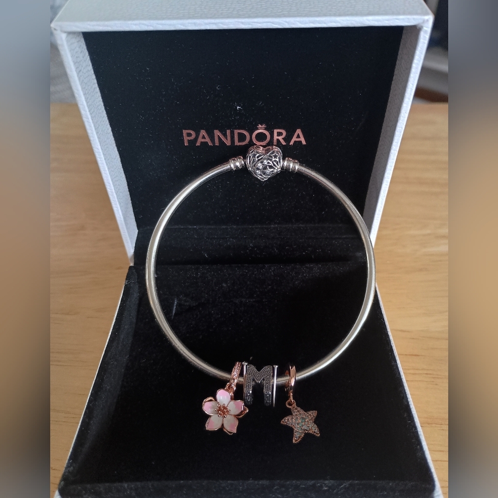 Pandora Silver and Pink Floral Charm Bracelet